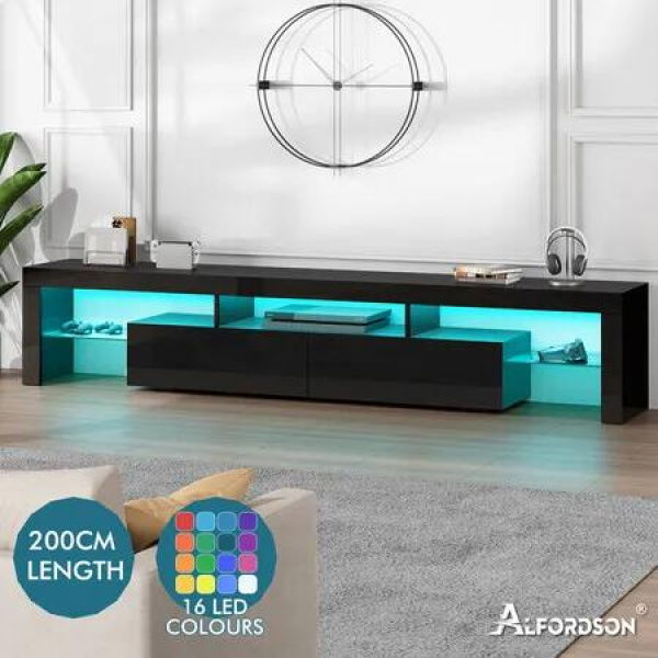 ALFORDSON Entertainment Unit TV Stand LED Light 200cm Black