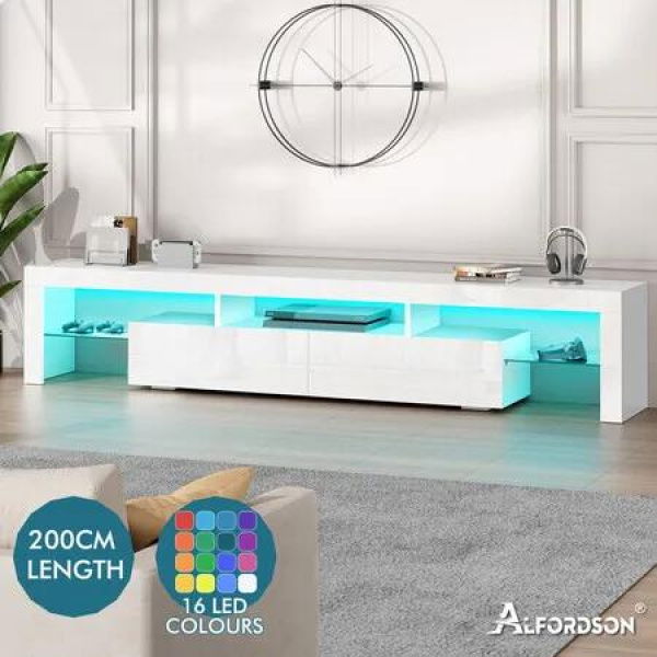 ALFORDSON Entertainment Unit TV Stand LED Light 200cm White