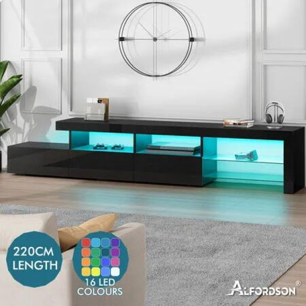 ALFORDSON Entertainment Unit TV Stand LED Light 220cm Black