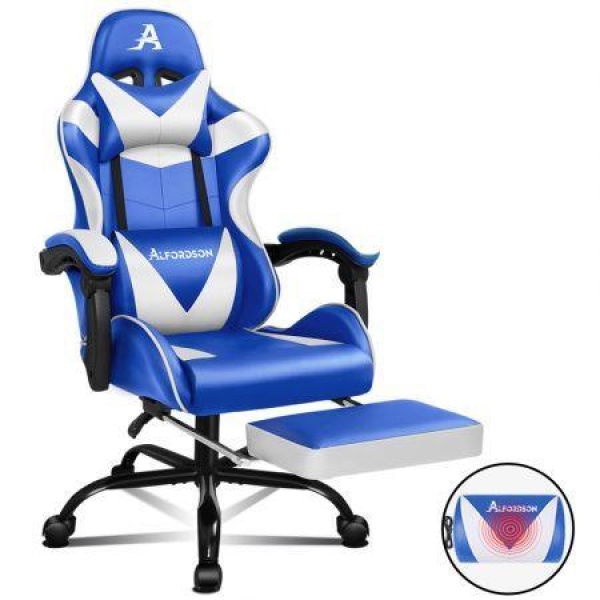 ALFORDSON Gaming Chair Office Executive Racing Footrest Seat Leather Blue White