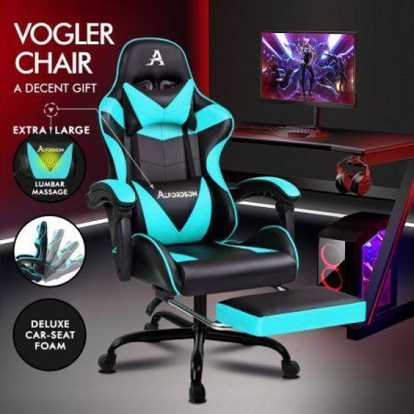 ALFORDSON Gaming Chair Office Executive Racing Footrest Seat PU Leather Cyan