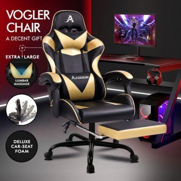 ALFORDSON Gaming Chair Office Executive Racing Footrest Seat PU Leather Gold