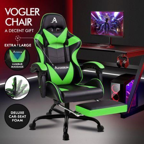 ALFORDSON Gaming Chair Office Executive Racing Footrest Seat PU Leather Green