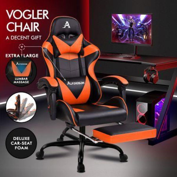 ALFORDSON Gaming Chair Office Executive Racing Footrest Seat PU Leather Orange