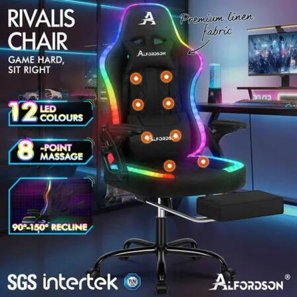 ALFORDSON Gaming Chair Office Massage 12 RGB LED Computer Fabric Black