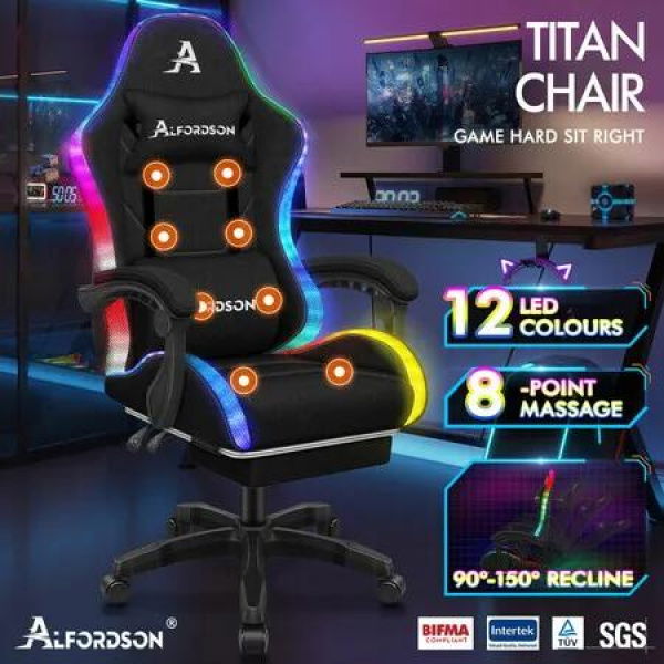 ALFORDSON Gaming Chair Office Massage 12 RGB LED Computer Seat Fabric All Black