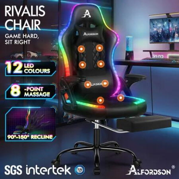 ALFORDSON Gaming Chair Office Massage 12 RGB LED Computer Seat Leather All Black