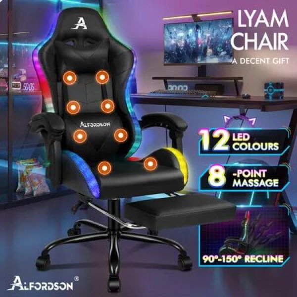 ALFORDSON Gaming Chair Office Massage 12 RGB LED Computer Seat PU Leather Black