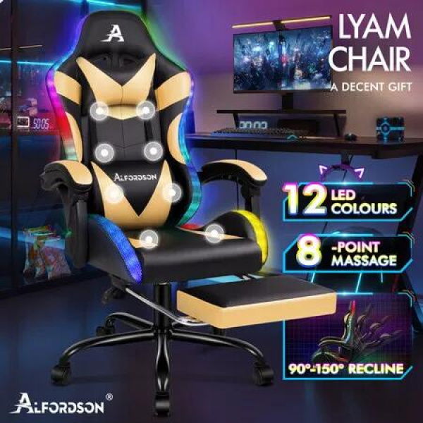 ALFORDSON Gaming Chair Office Massage 12 RGB LED Computer Seat PU Leather Gold