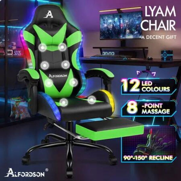 ALFORDSON Gaming Chair Office Massage 12 RGB LED Computer Seat PU Leather Green