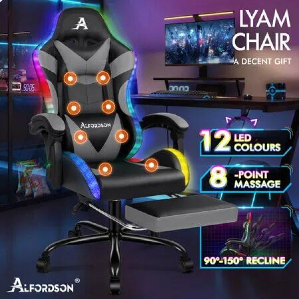 ALFORDSON Gaming Chair Office Massage 12 RGB LED Computer Seat PU Leather Grey