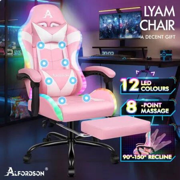 ALFORDSON Gaming Chair Office Massage 12 RGB LED Computer Seat PU Leather Pink