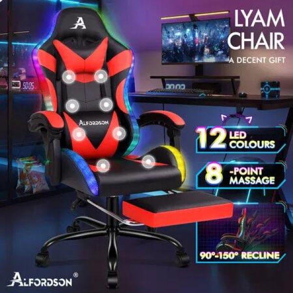 ALFORDSON Gaming Chair Office Massage 12 RGB LED Computer Seat PU Leather Red