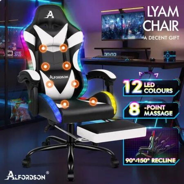 ALFORDSON Gaming Chair Office Massage 12 RGB LED Computer Seat PU Leather White