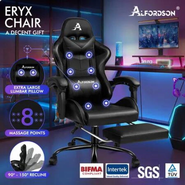 ALFORDSON Gaming Chair Office Massage Computer Racing Seat PU Leather Black