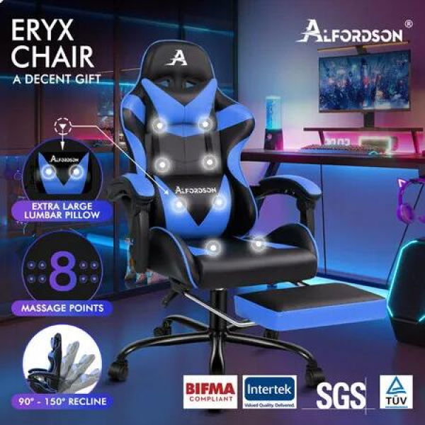 ALFORDSON Gaming Chair Office Massage Computer Racing Seat PU Leather Blue