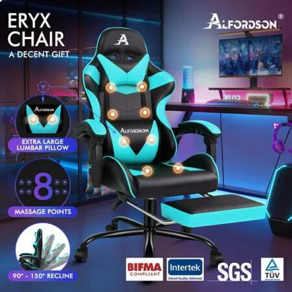 ALFORDSON Gaming Chair Office Massage Computer Racing Seat PU Leather Cyan