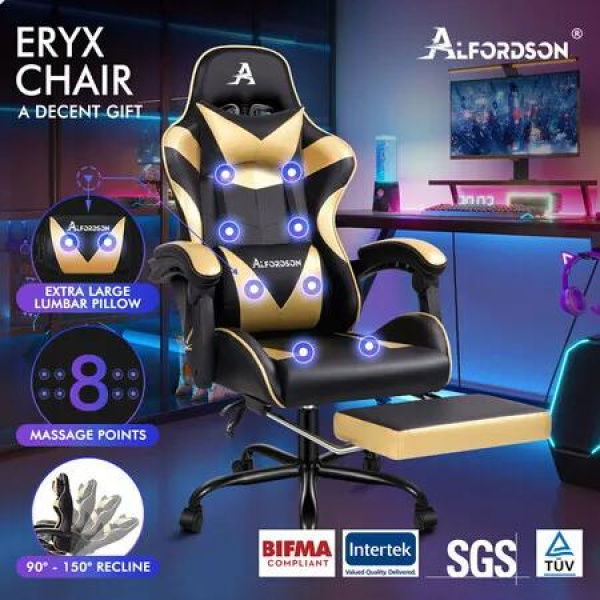 ALFORDSON Gaming Chair Office Massage Computer Racing Seat PU Leather Gold