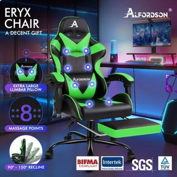 ALFORDSON Gaming Chair Office Massage Computer Racing Seat PU Leather Green