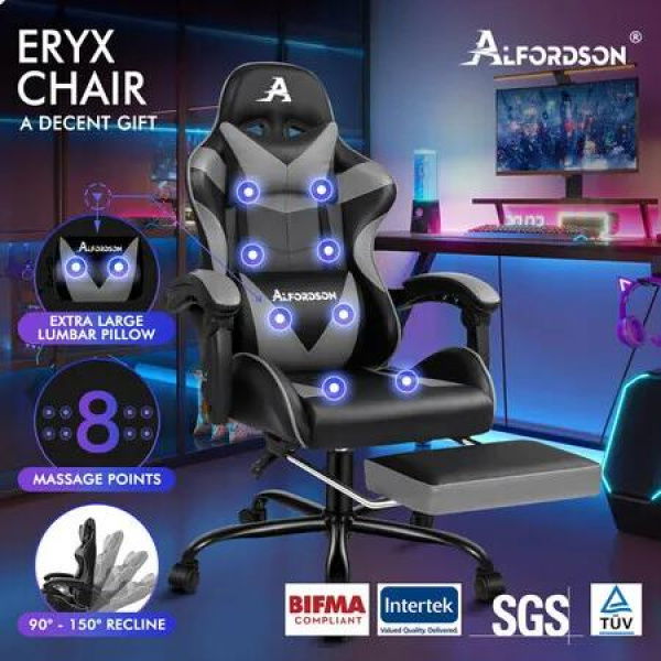 ALFORDSON Gaming Chair Office Massage Computer Racing Seat PU Leather Grey