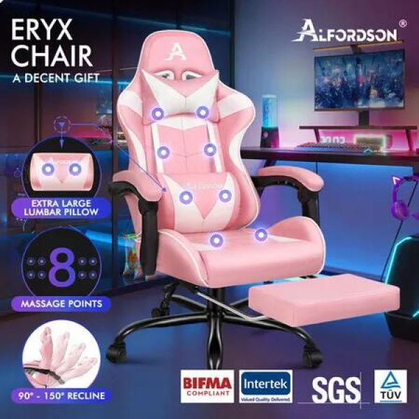 ALFORDSON Gaming Chair Office Massage Computer Racing Seat PU Leather Pink