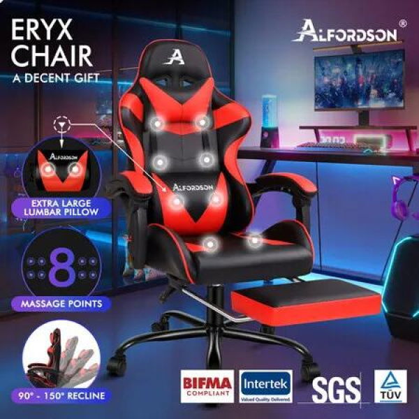 ALFORDSON Gaming Chair Office Massage Computer Racing Seat PU Leather Red