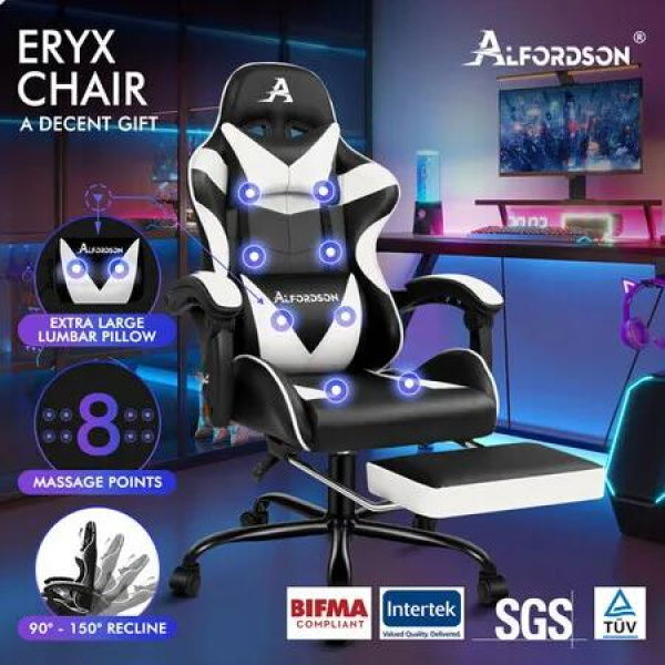 ALFORDSON Gaming Chair Office Massage Computer Racing Seat PU Leather White