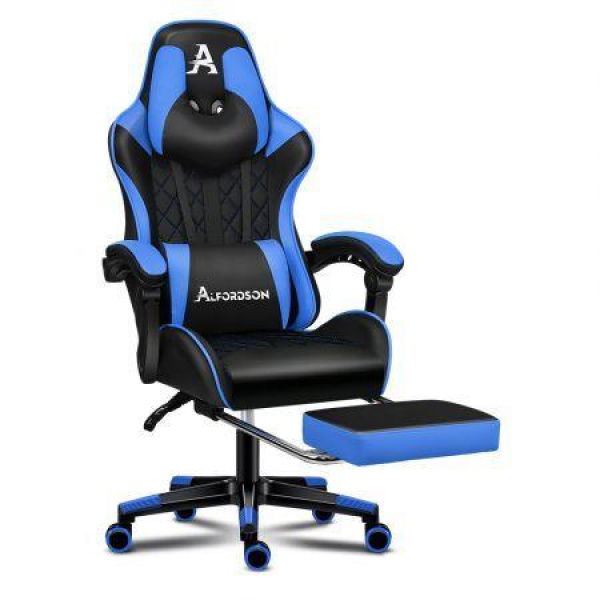 Alfordson Gaming Chair Office Racer Large Lumbar Cushion Footrest Seat Leather Black & Blue.