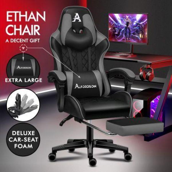 Alfordson Gaming Chair Office Racer Large Lumbar Cushion Footrest Seat Leather Black & Grey.