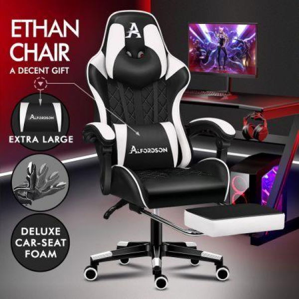 Alfordson Gaming Chair Office Racer Large Lumbar Cushion Footrest Seat Leather Black & White.