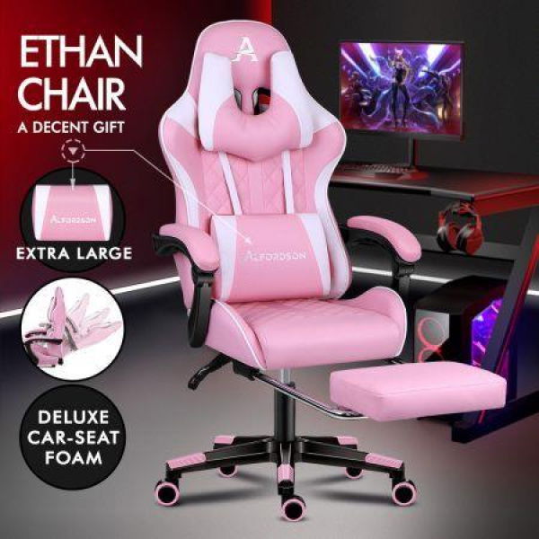 Alfordson Gaming Chair Office Racer Large Lumbar Cushion Footrest Seat Leather Pink & White.