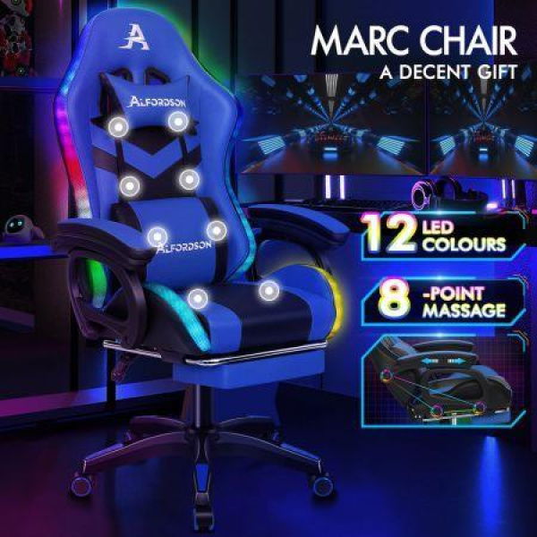 ALFORDSON Gaming Office Chair 12 RGB LED Massage Computer Seat Footrest Blue