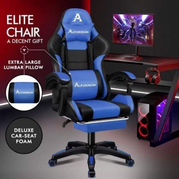 Alfordson Gaming Office Chair Extra Large Pillow Racing Executive Footrest Seat Black & Blue.