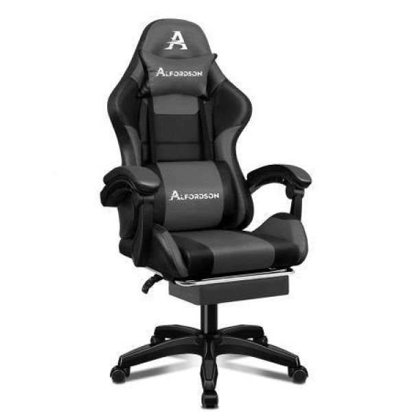 Alfordson Gaming Office Chair Extra Large Pillow Racing Executive Footrest Seat Black & Grey.