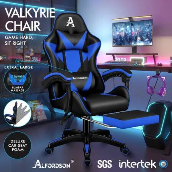 ALFORDSON Gaming Office Chair Massage Computer Footrest Leather Black & Blue