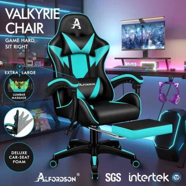 ALFORDSON Gaming Office Chair Massage Computer Footrest Leather Black & Cyan