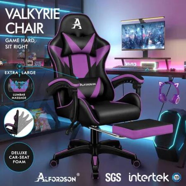 ALFORDSON Gaming Office Chair Massage Computer Footrest Leather Black & Purple