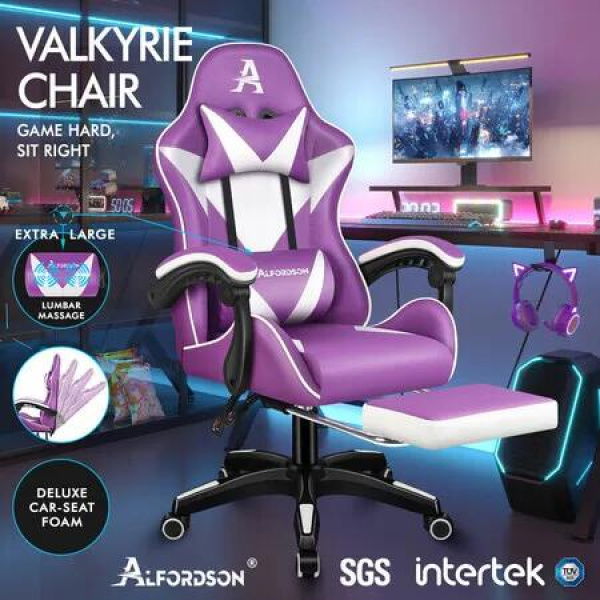 ALFORDSON Gaming Office Chair Massage Computer Footrest Leather Purple & White