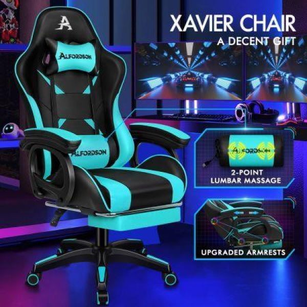 ALFORDSON Gaming Office Chair Massage Racing Computer Seat Footrest Leather Cyan