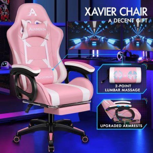 ALFORDSON Gaming Office Chair Massage Racing Computer Seat Footrest Leather Pink