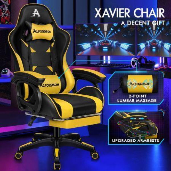 ALFORDSON Gaming Office Chair Massage Racing Computer Seat Footrest Leather Yellow