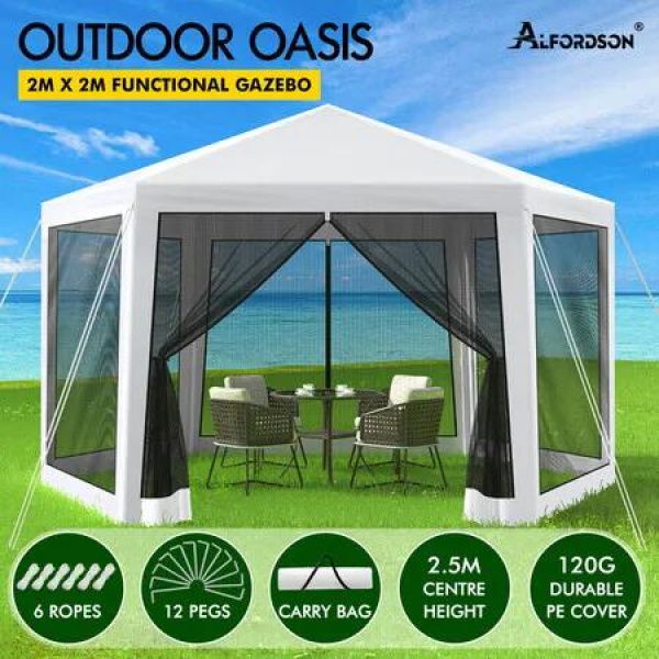 ALFORDSON Gazebo 2x2m Outdoor Camping Marquee Canopy Mesh Wall Portable White