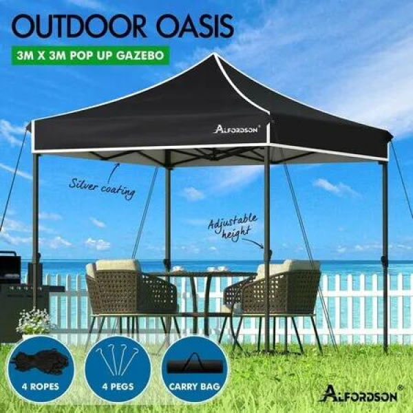 ALFORDSON Gazebo 3x3 Pop Up Tent Wedding Canopy Black