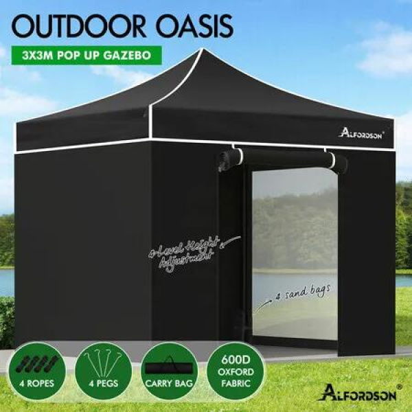 ALFORDSON Gazebo 3x3m Pop Up Marquee 600D Oxford Folding Camping Tent Black