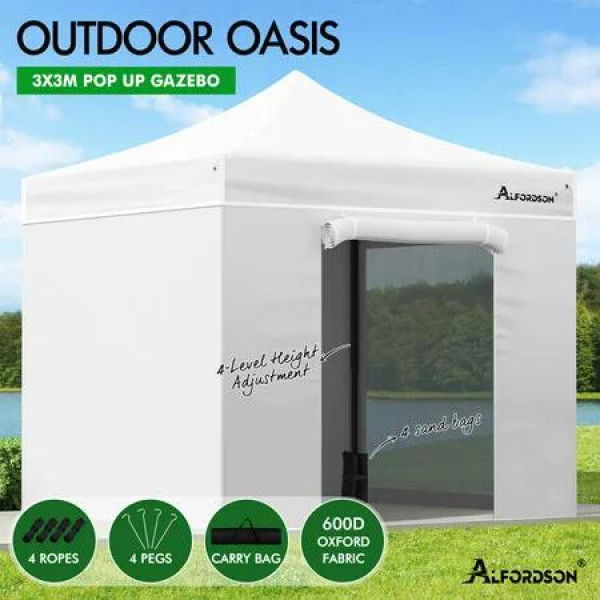 ALFORDSON Gazebo 3x3m Pop Up Marquee 600D Oxford Folding Camping Tent White