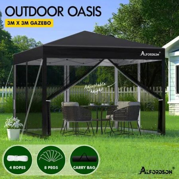 ALFORDSON Gazebo 3x3m Pop Up Marquee Outdoor Tent Party Camping Mesh Wall Black