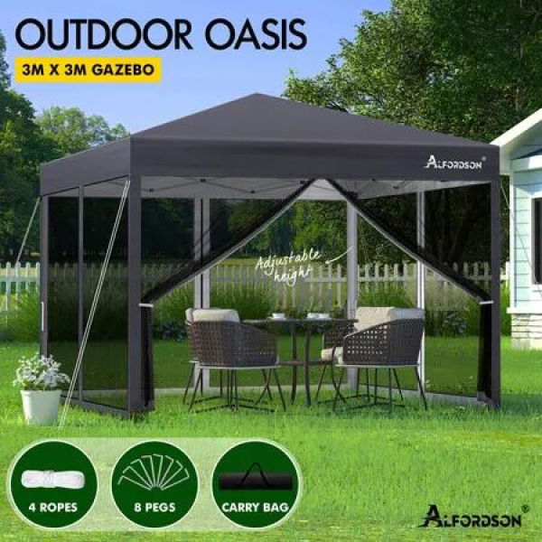 ALFORDSON Gazebo 3x3m Pop Up Marquee Outdoor Tent Party Camping Mesh Wall Grey