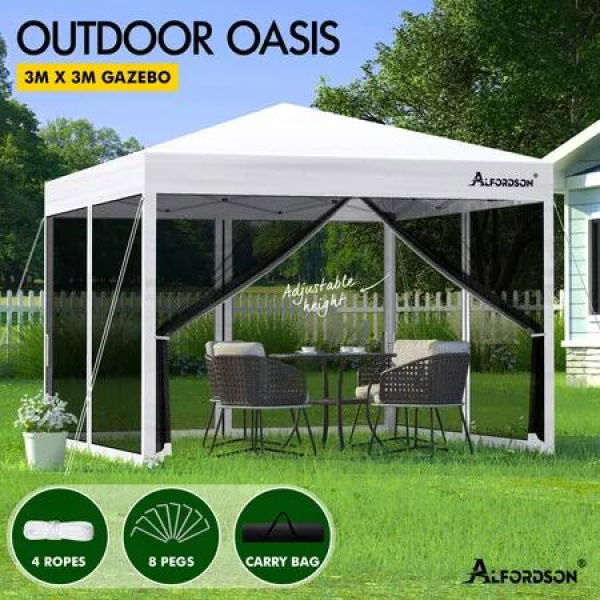 ALFORDSON Gazebo 3x3m Pop Up Marquee Outdoor Tent Party Camping Mesh Wall White