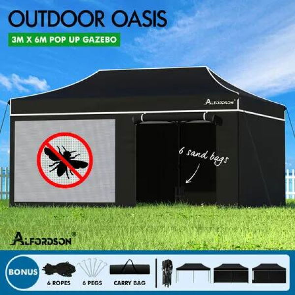 ALFORDSON Gazebo 3x6m Pop Up Marquee Outdoor Folding Tent Wedding Canopy Walls Black