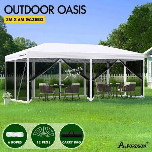 ALFORDSON Gazebo 3x6m Pop Up Marquee Outdoor Tent Party Camping Mesh Wall White